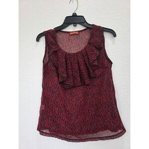 Strawberry Red Black Animal Print Ruffle Front Sleeveless Tank Top Womens m